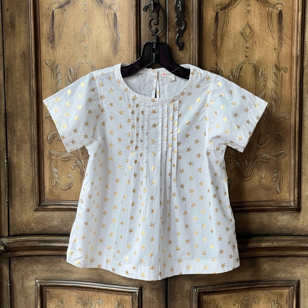 Crewcuts J.Crew Girls White Pintuck Cotton Top Gold Star Short Sleeve Sz 8